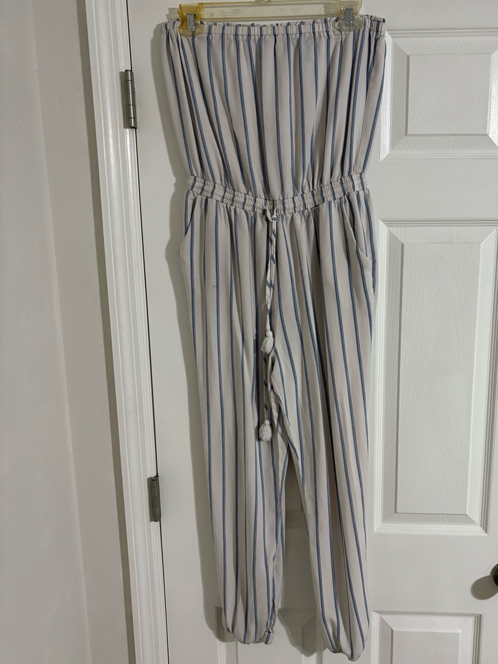 Forever 21 Beige and Blue Striped Strapless Jumpsuit